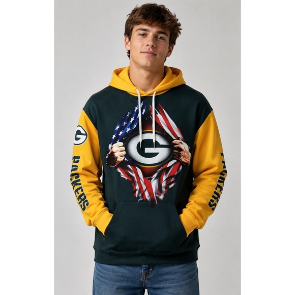 Other - Patriotic Green Bay Packer USA Flag Graphic Hoodie Pullover L/XL Unisex Football